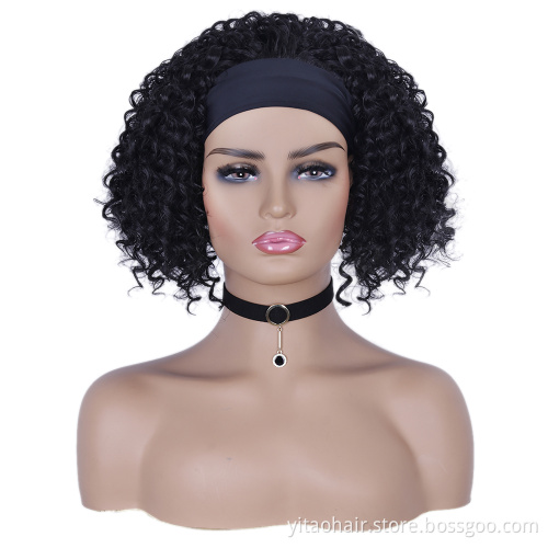 Wholesale price High quality  Natural black color Short Curly synthetic headband Bob wigs for black women